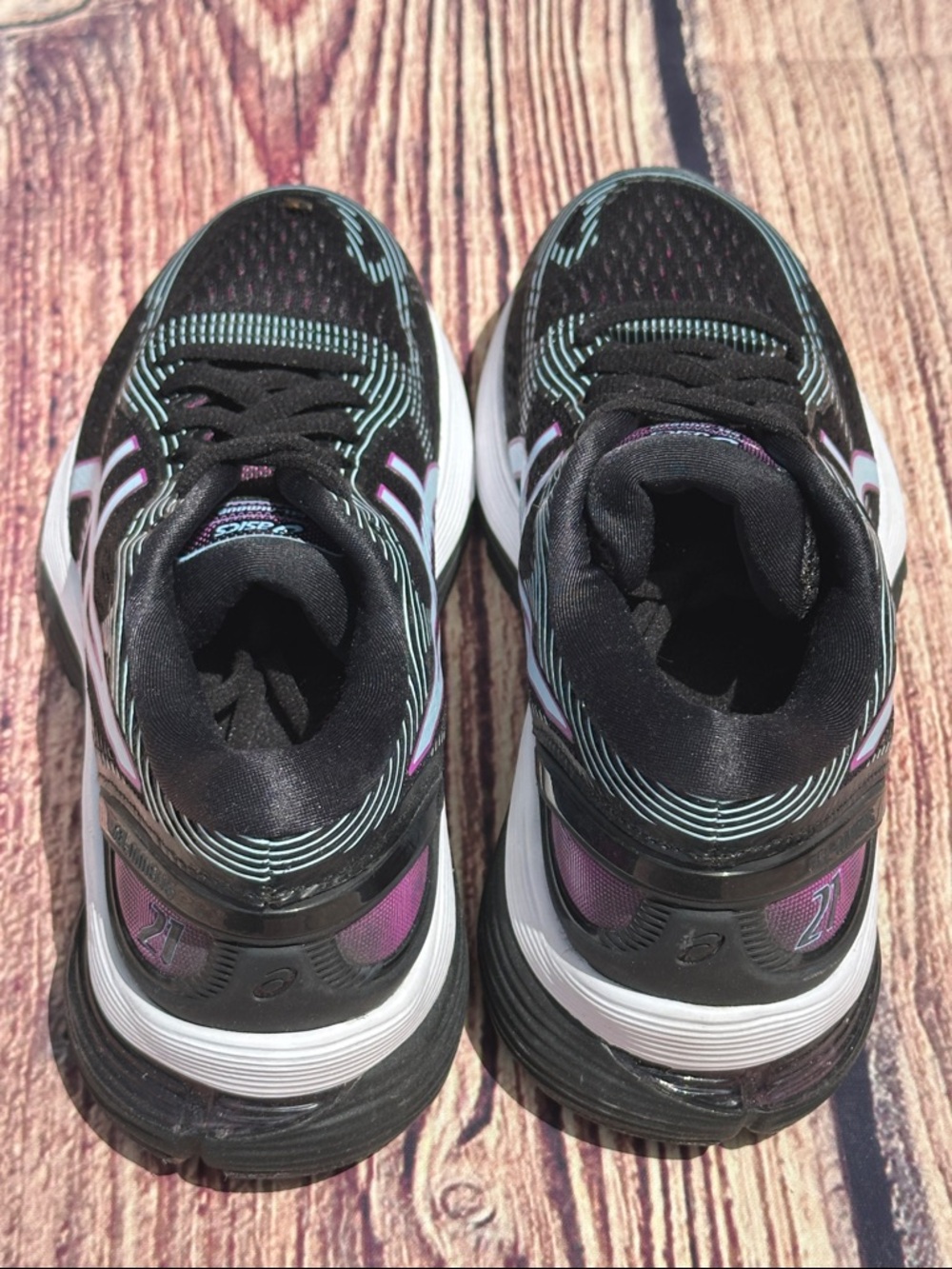 ASICS Women's Black with baby blue & Purple Athletic Running Shoes - Picture 3 of 8